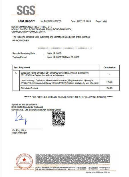 CHINA Dong Guan Hendar Cloth Co., Ltd certificaciones